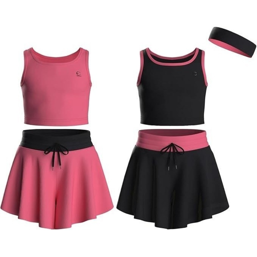 Essenclo Girl's 5pc Athletic Short Skirts w/ Tank Tops - Pink/Black - Sz 9/10
